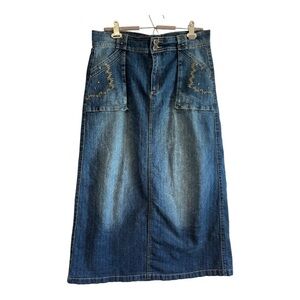 Denim maxi skirt embroidered detailing on oversized front pocket coastal cowgirl
